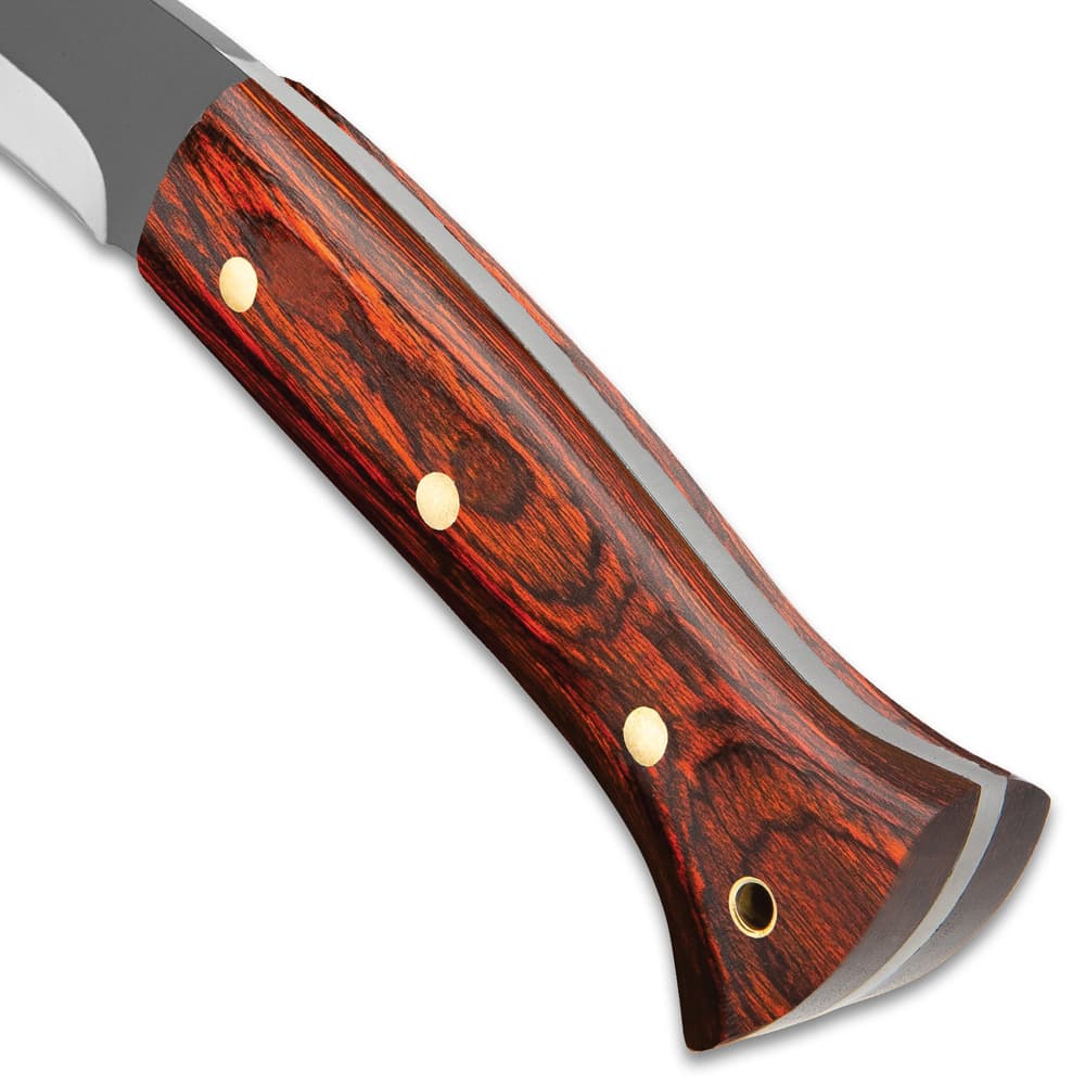 Detailed view of the dark wooden handle scales secured to the tang with brass pin and with brass lanyard hole. image number 2