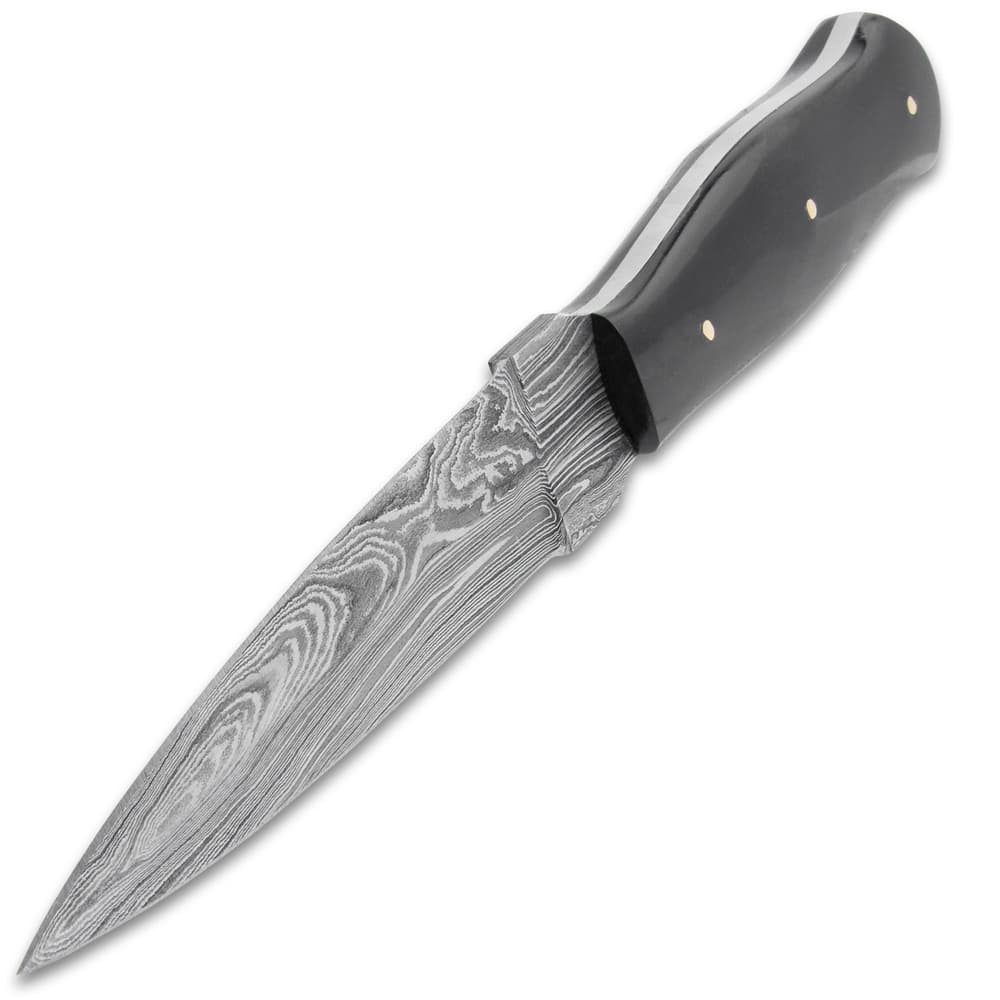 The knife has a full-tang, double-edged, 5 1/4” Damascus steel dagger blade with a penetrating point and sharp edges image number 2