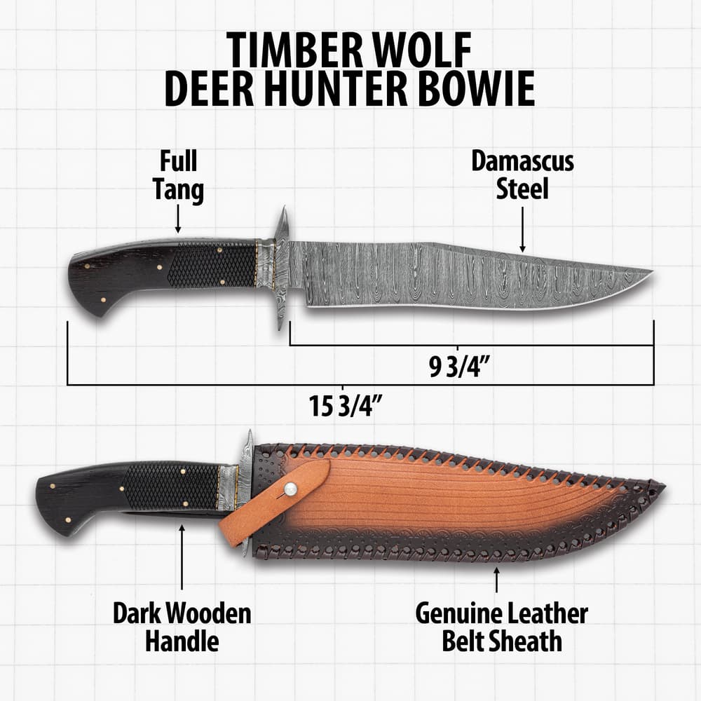 The specs of the Timber Wolf Deer Hunter Bowie Knife and its sheath shown image number 2