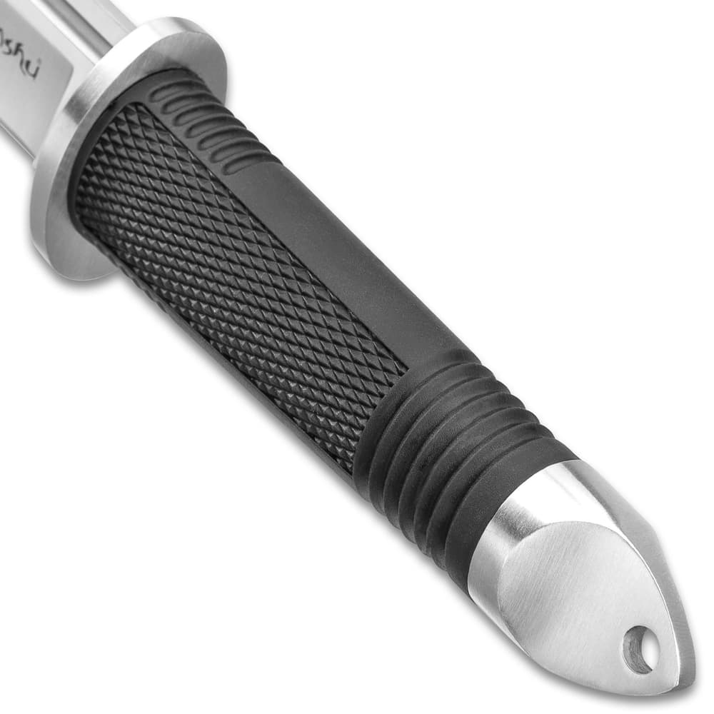 The knife has an over molded TPR grip with stainless steel pommel that features a lanyard hole. image number 2