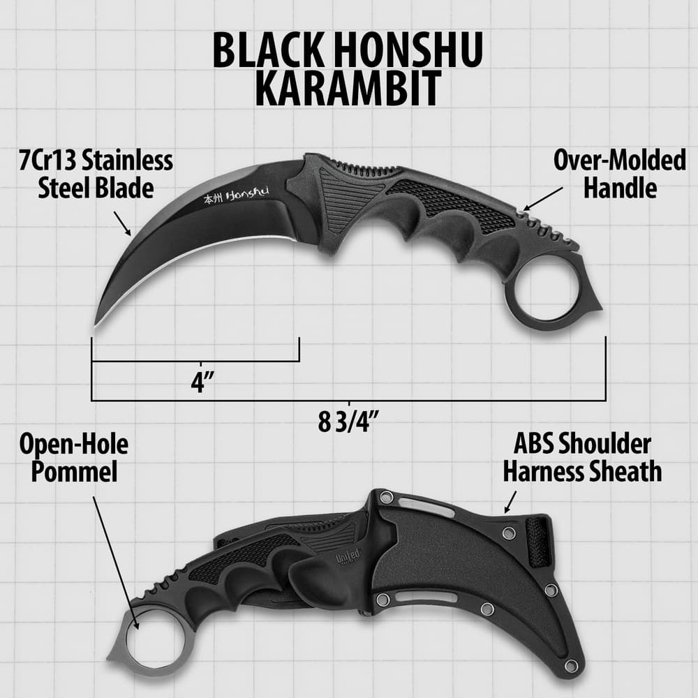 United Cutlery Black Honshu Karambit With Shoulder Harness Sheath - 7Cr13 Stainless Steel Blade, Over-Molded Handle - Length 8 3/4” image number 2