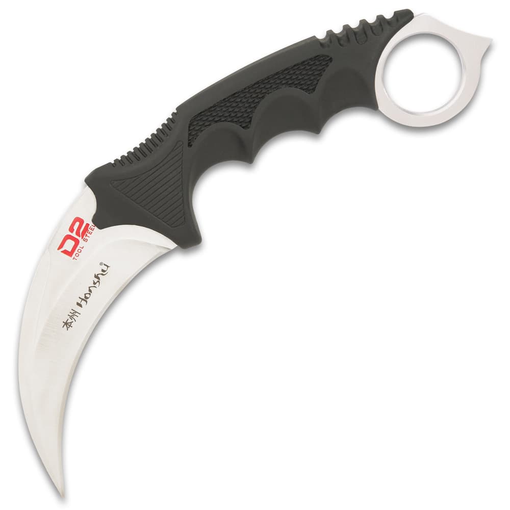 The 4” karambit has a razor-sharp, D2 tool steel curved blade with a penetrating point and the handle is grippy, over-molded TPU with the classic finger-ring pommel image number 2