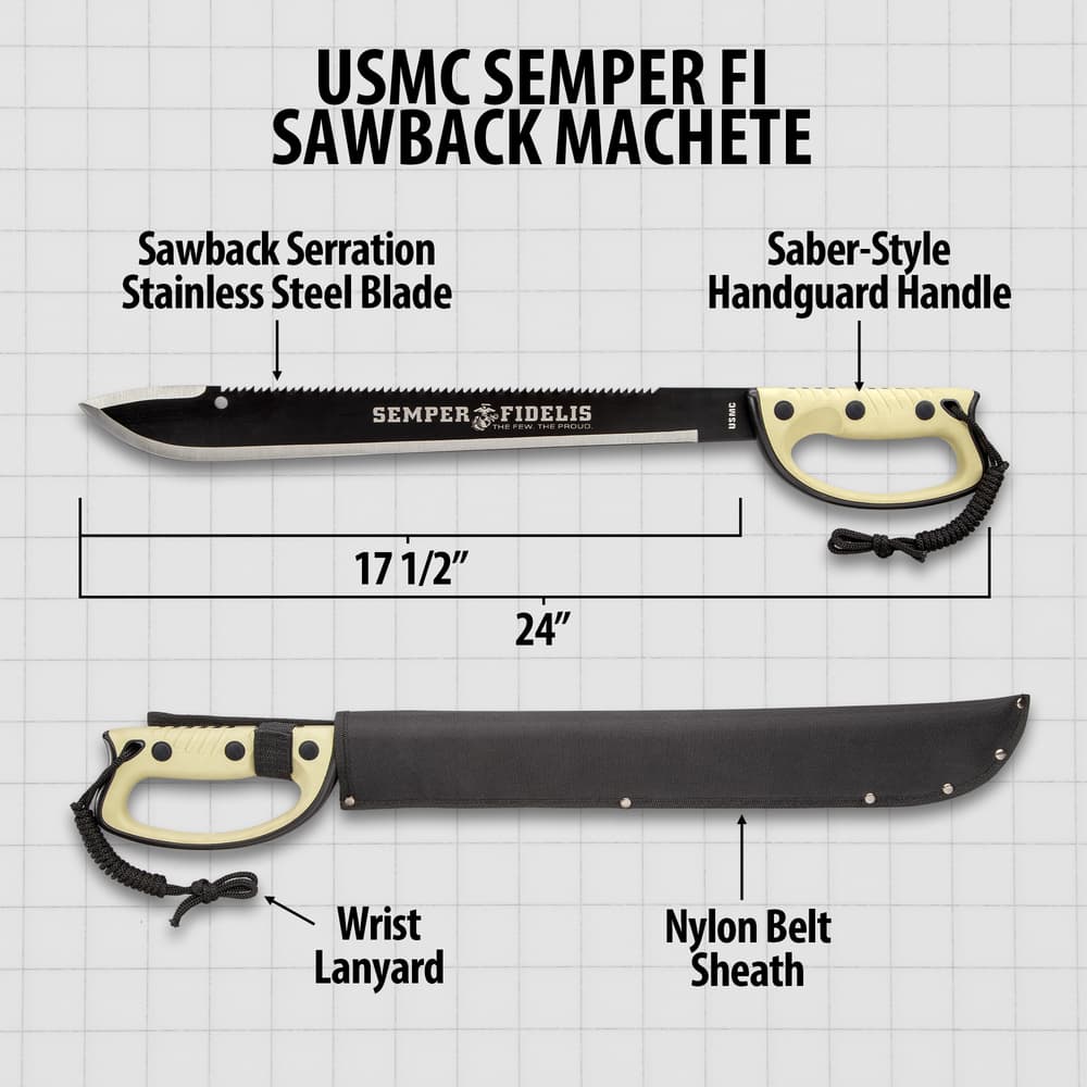 USMC Semper Fi Sawback Machete Knife With Sheath - Stainless Steel Blade, Rubberized Injection-Molded Handle - Length 24” image number 2