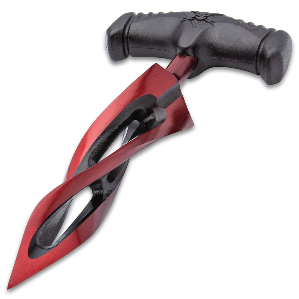 It has a metallic red and black, 5 3/4” 2Cr13 cast stainless steel blade with an open twisted design giving you multiple edges image number 2