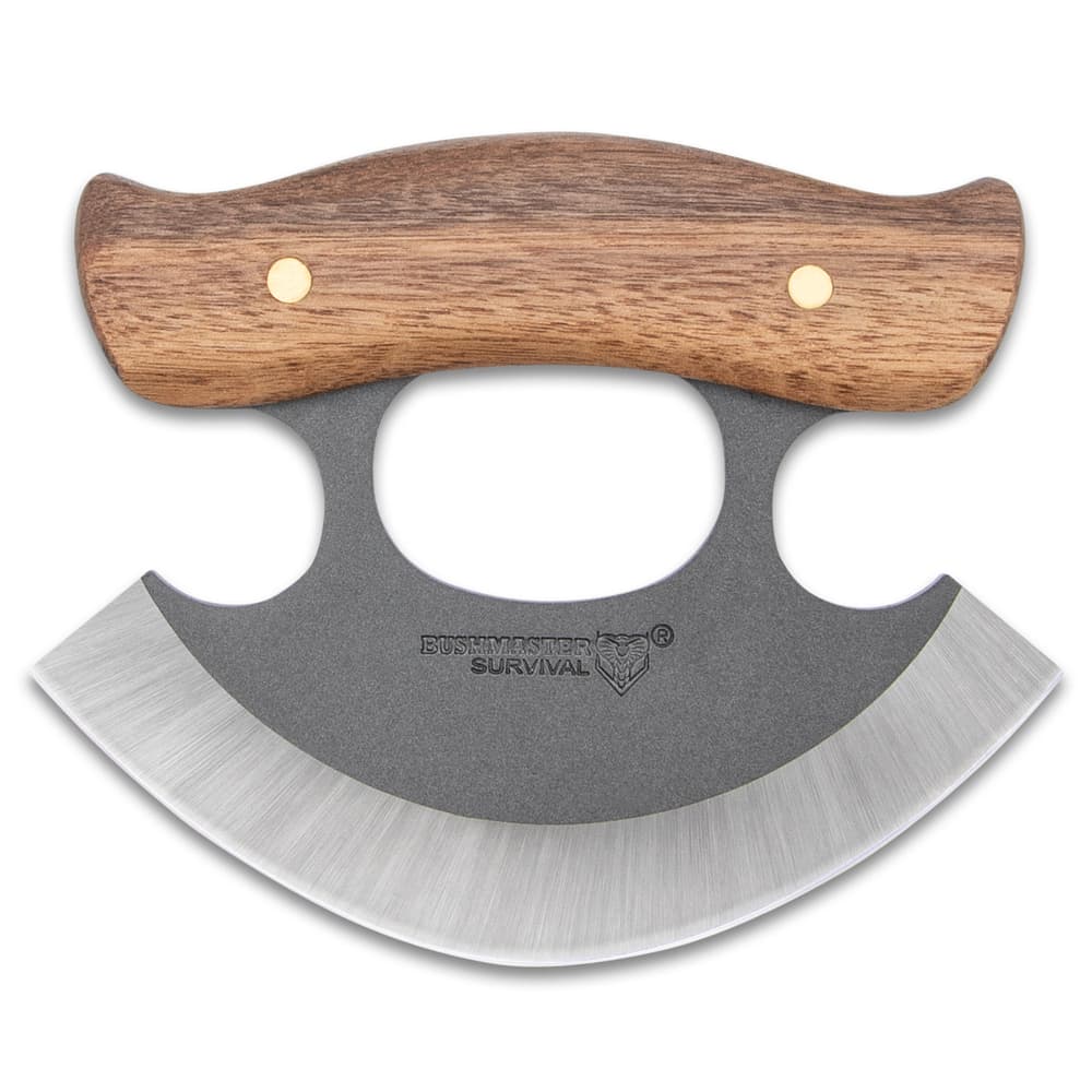 It has a keenly sharp, 5 1/2” 1095 high carbon steel curved blade with a rough-forged finish along the double tang image number 2