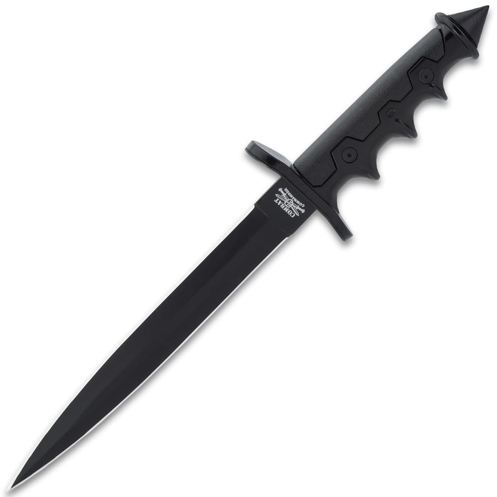 It has an 8 1/8”, 1065 carbon steel dagger blade with a hard, black coating and it goes down to a penetrating point image number 2