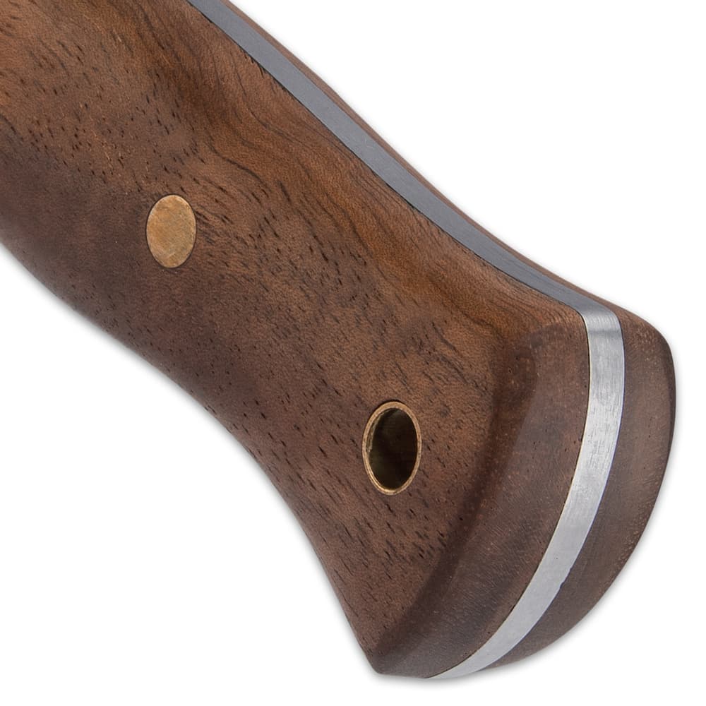 Richly veined zebra wood handle scales are securely fastened to the tang with brass pins and the handle features a brass lanyard hole image number 2