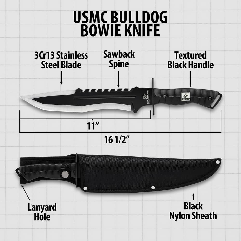 A diagram is shown outlining the various parts of the USMC Bulldog Bowie Knife, shown both in and out of its sheath. image number 2