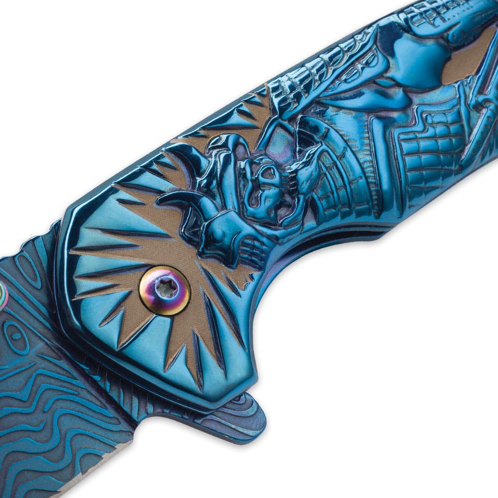 Shadow Warrior Assisted Opening Pocket Knife | DamascTec Steel Blade | Blue And Rainbow image number 2