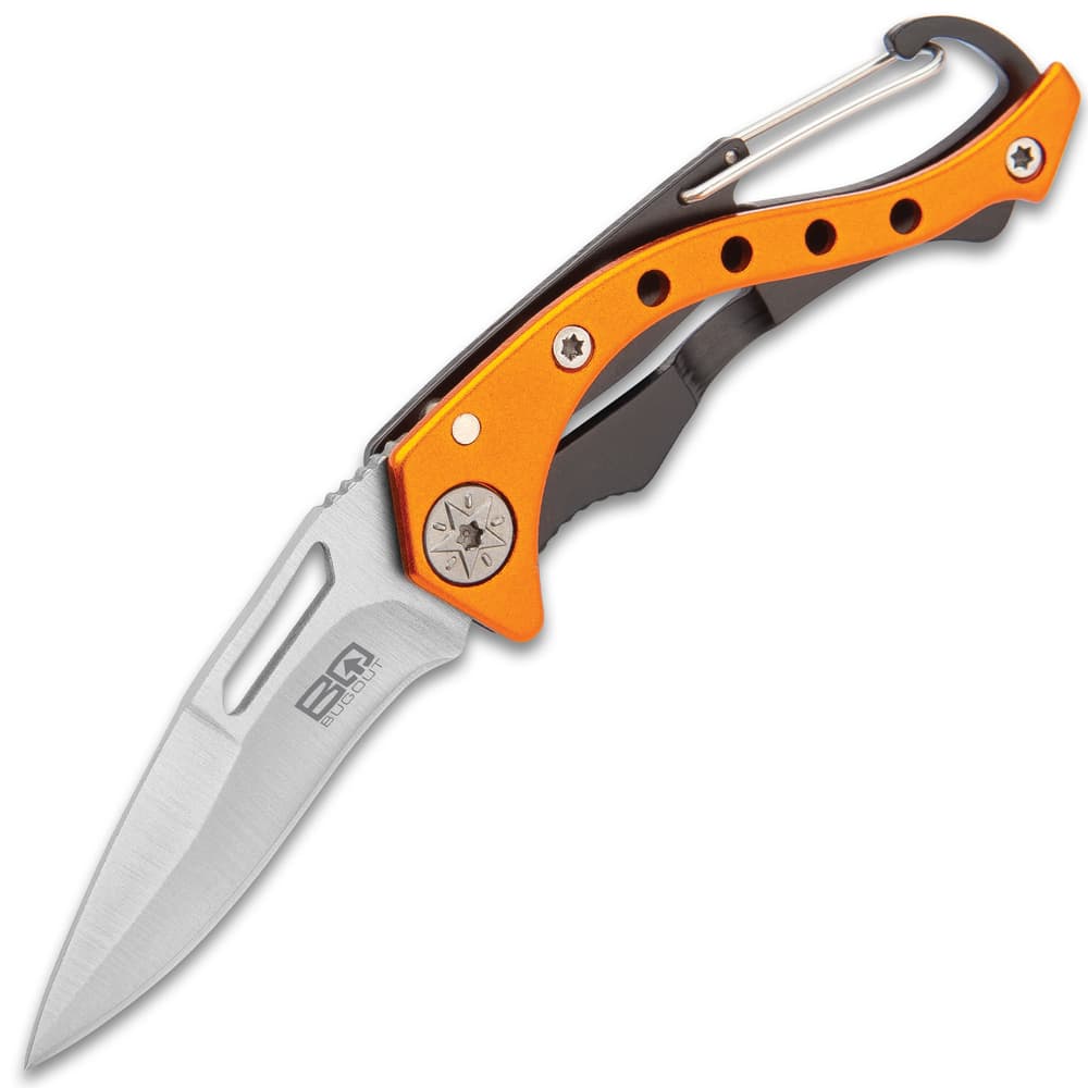 BugOut Carabiner Pocket Knife - Stainless Steel Locking Blade, Cast Aluminum And TPU Handle - Length 4 3/4” image number 2