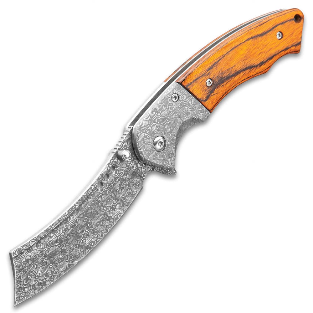 The knife is shown fully open with Damascus patterned stainless steel blade and ergonomic wooden handle scales. image number 2
