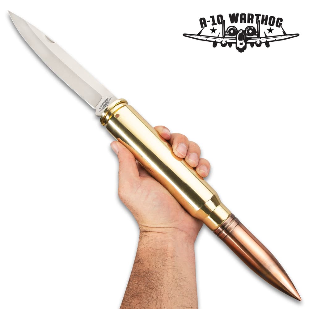 A-10 Warthog Bullet Pocket Knife - 30MM Caliber Round, Stainless Steel Blade, Antiqued Brass Case Construction - Length 19 1/2” image number 2