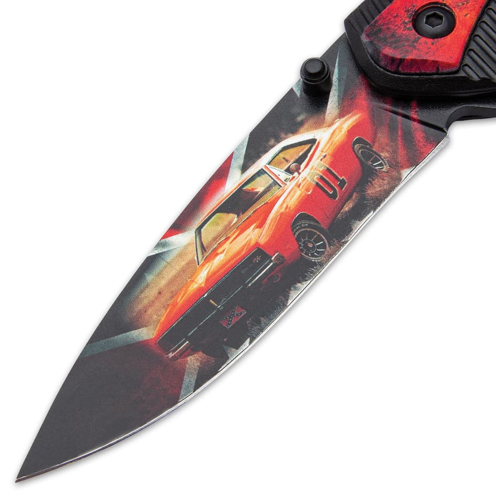 It has a 3 1/2” stainless steel blade with full-color, 3D printed artwork of the General Lee on a Rebel flag background image number 2
