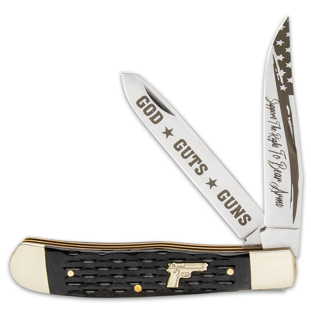 The trapper has razor-sharp stainless steel blades with black, laser-etched artwork and messages on each blade image number 2
