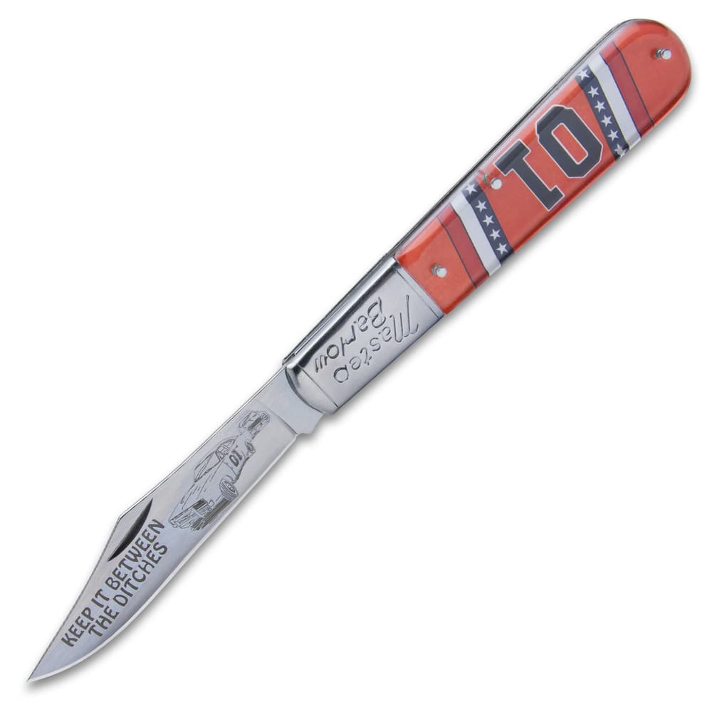 The pocket knife has laser-etched artwork that includes a picture of the General Lee. image number 2
