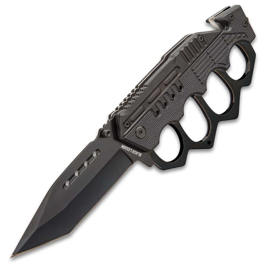 Black Folding Knuckle Knife - Stainless Steel Blade, ABS Handle, Seatbelt Cutter, Glass Breaker - Closed Length 5 1/4” image number 2