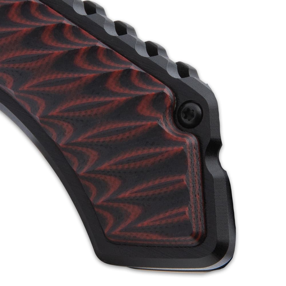 The handle is black, anodized 6061 aluminum with red and black, layered G10 inserts and a lanyard hole image number 2