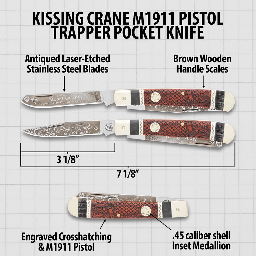 The Kissing Crane M1911 Pistol Trapper has a razor-sharp clip point blade with laser-etching. image number 2