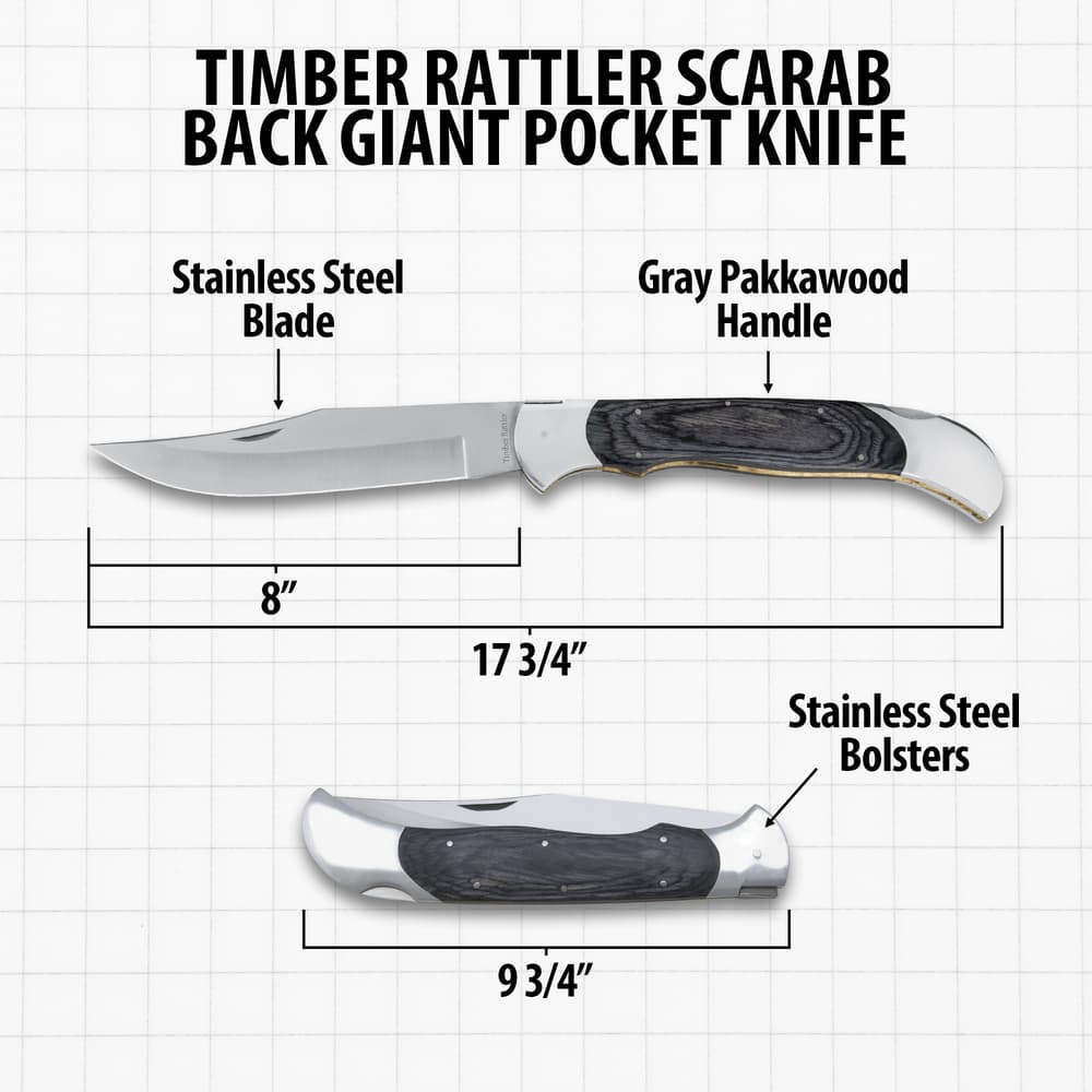 Timber Rattler Scarab Back Giant Lockback Pocket Knife - 8" Stainless Steel Blade, Genuine Pakkawood Scales - 17 3/4" Length image number 2