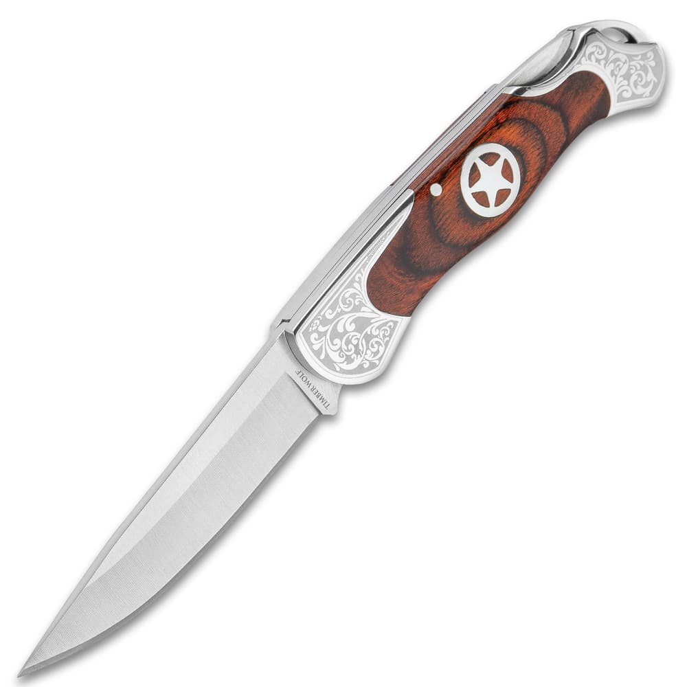 Timber Wolf Sheriff Lockback Pocket Knife - 3Cr13 Stainless Steel Blade, Assisted Opening, Wooden Handle Scales, Etched Bolsters image number 2