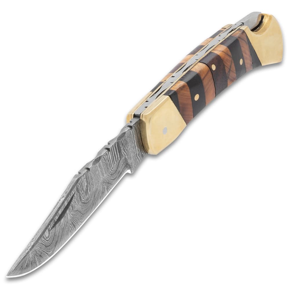 The pocket knife has a Damascus steel blade with filework image number 1