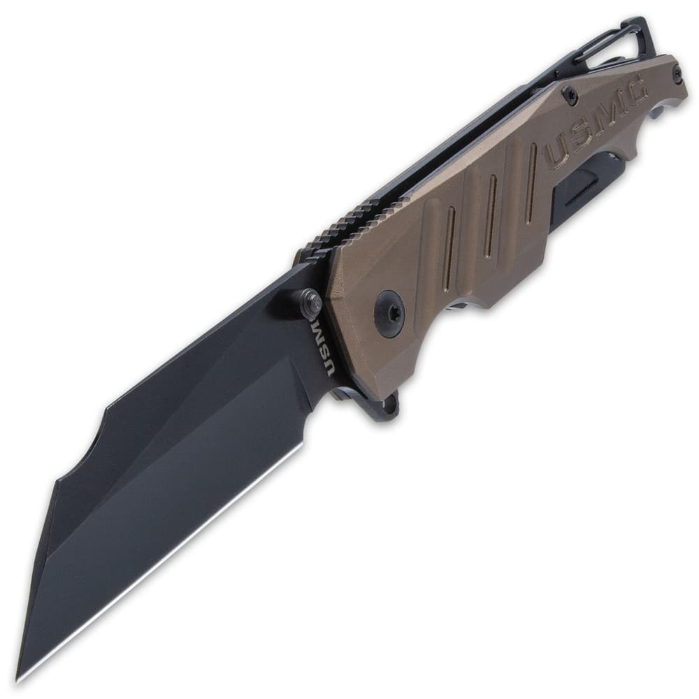 It has a 3 1/4”, black 3Cr13 stainless steel blade that can be deployed with a thumbstud or flipper using assisted opening image number 2