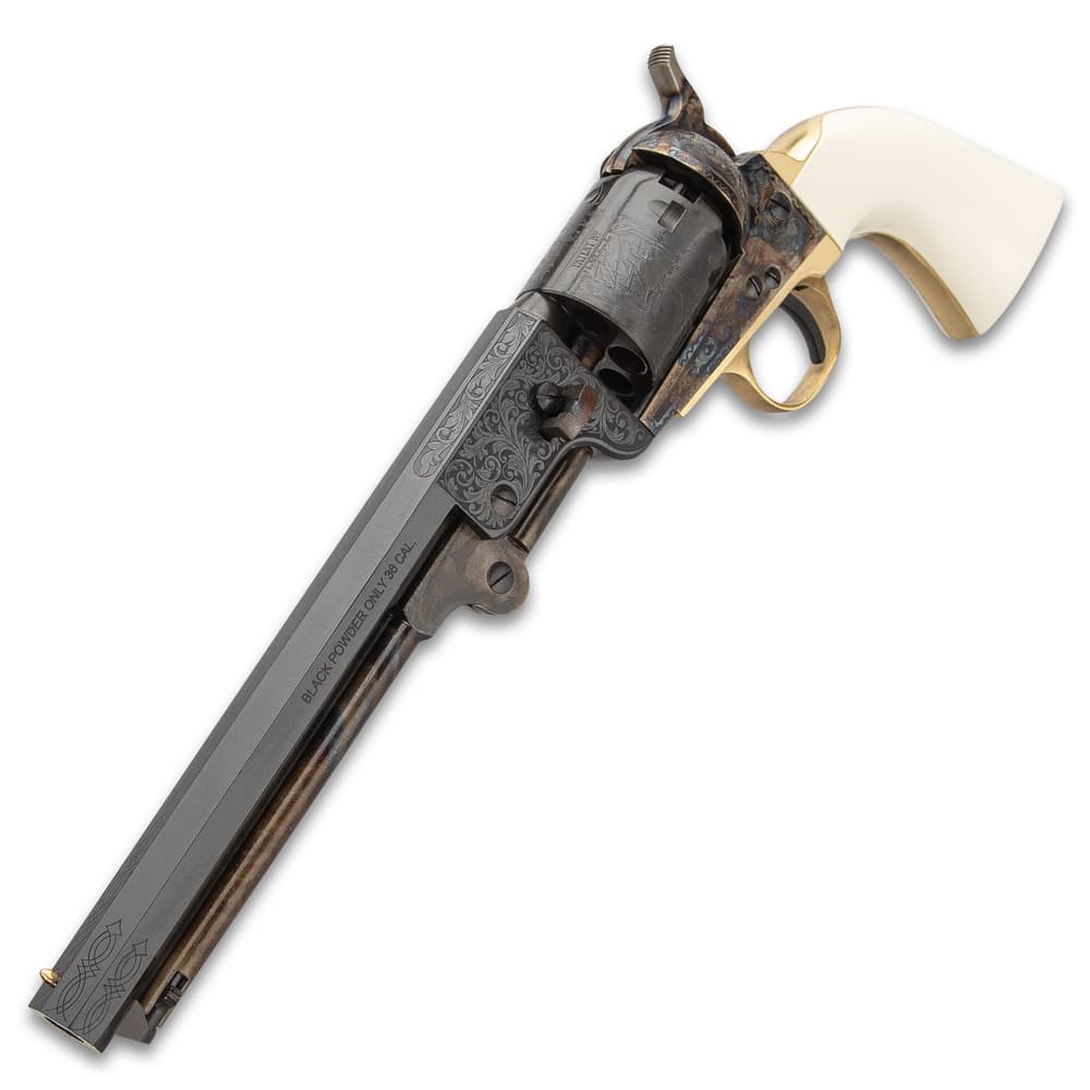 1851 Navy Deluxe Engraved Black Powder Pistol - .36 Caliber, Casehardened Steel Frame, Blued Barrel, Faux Ivory Grip - Barrel Length 7 1/2” image number 2
