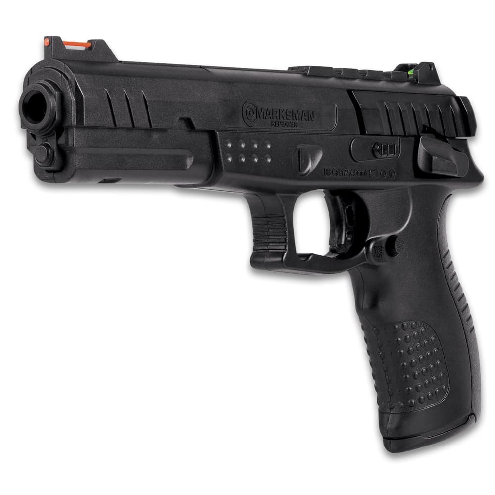 The spring-piston powered air pistol has a black polymer construction with a smooth bore barrel and fiber optic sights image number 2