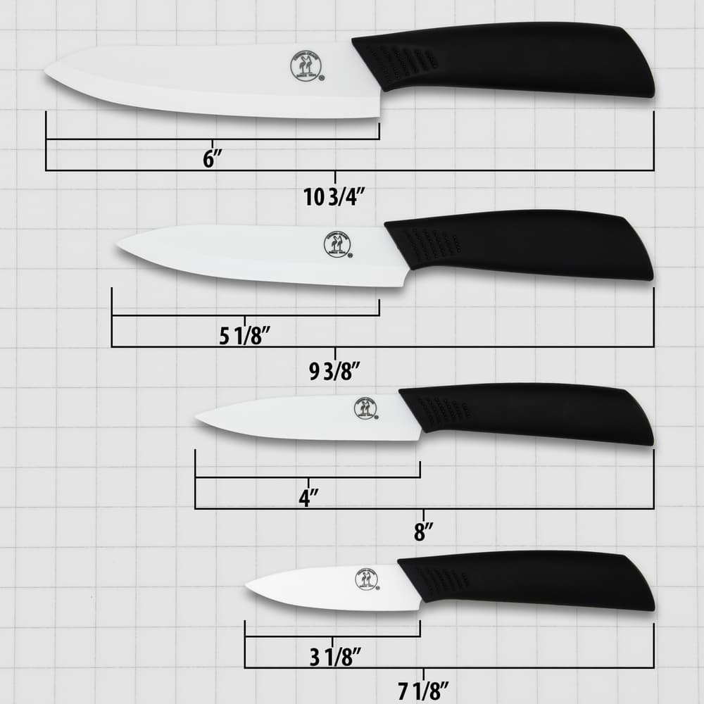 The Kissing Crane Ceramic Knife Set includes a 6” chef’s knife, 5” bread knife, 4” vegetable knife, and 3” fruit knife, shown in a diagram with measurements. image number 2