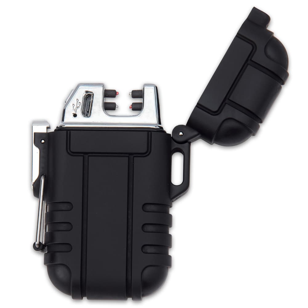 The 2 3/4”x 2” lighter is powered by a USB-rechargeable lithium-ion battery and the USB cord is included image number 2