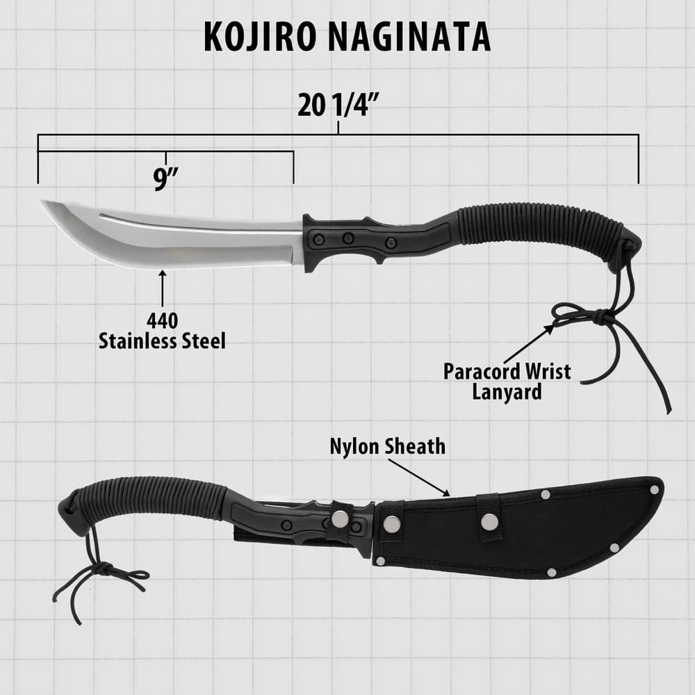 A diagram of the Kojiro Naginata Sword is shown measuring 20 1/4" overall with a 9” blade and nylon belt sheath. image number 2
