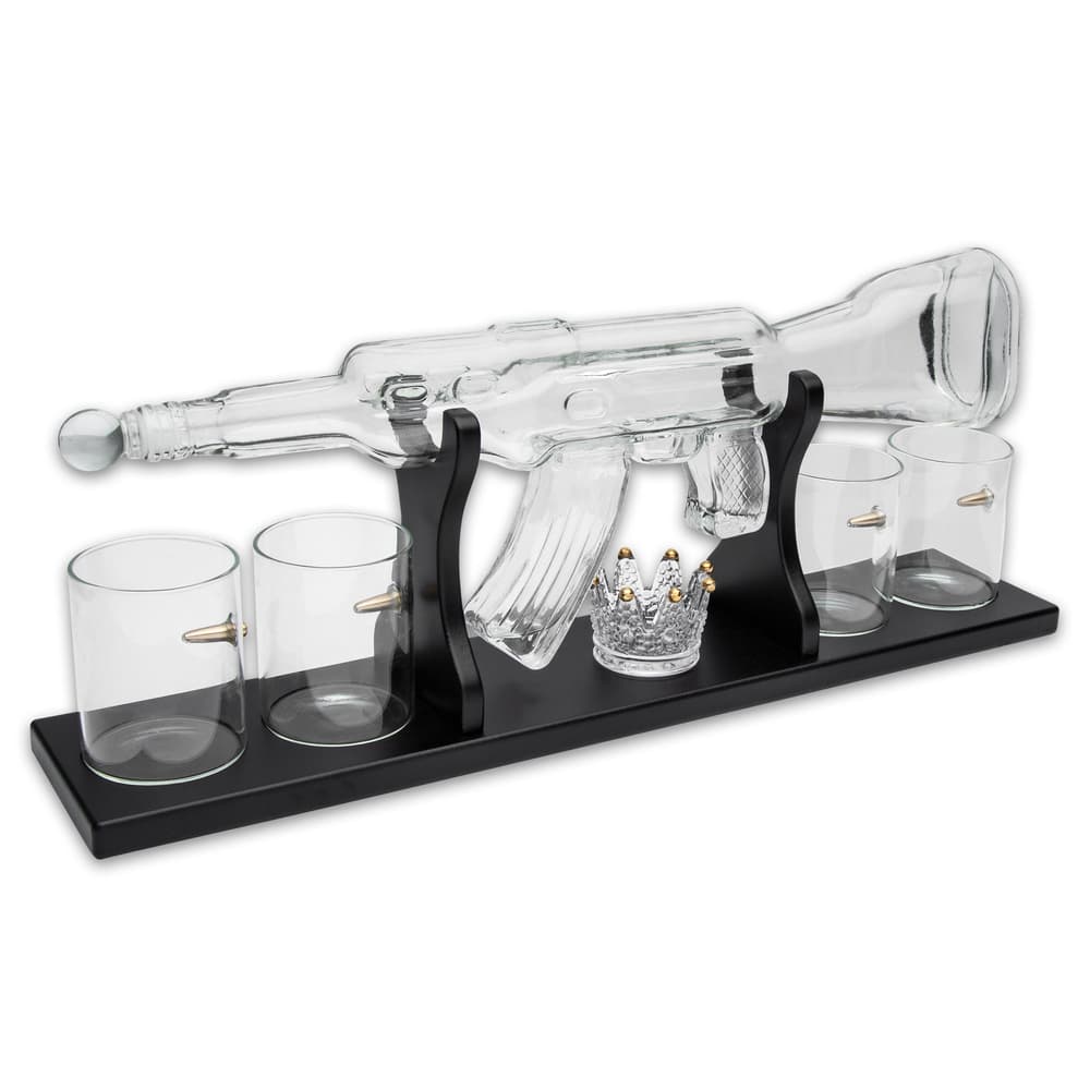 The decanter set can be displayed and stored on a premium wooden stand, which is 22 1/2”x 8 1/2” with the decanter image number 2