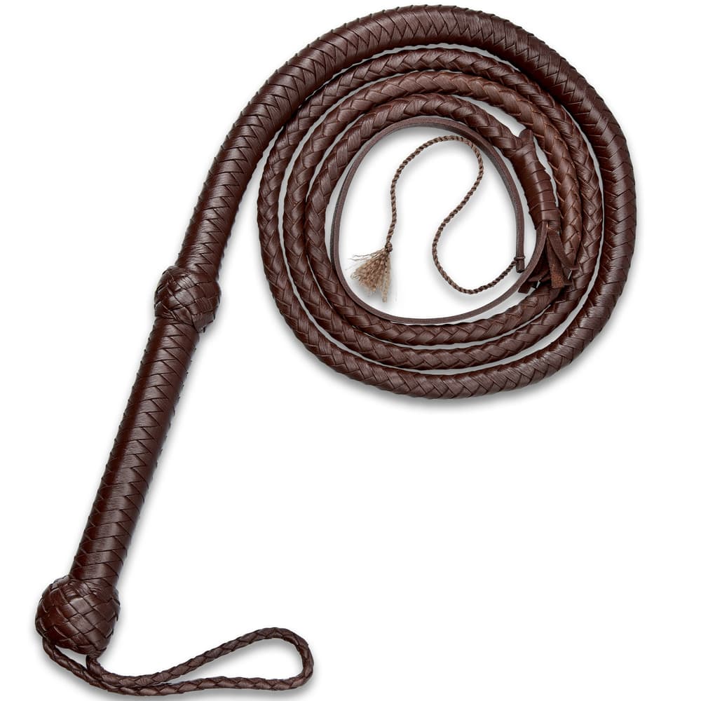 8' Handcrafted Dark Brown Leather Bull Whip - Woven Premium Leather Construction, Wrist Strap, Age-Old Leather Crafting Method image number 2