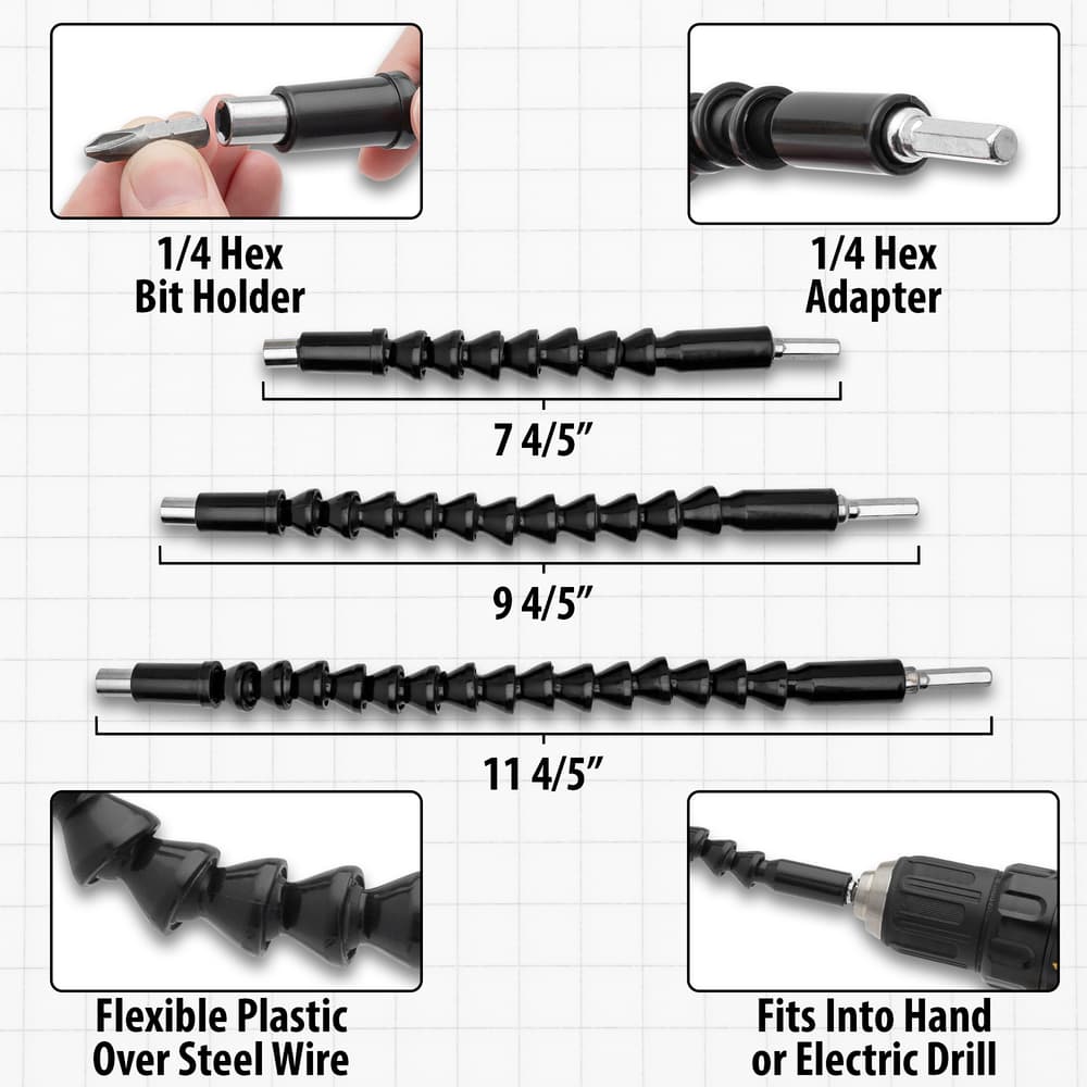 The different sizes and features of the drill bit extensions shown image number 2