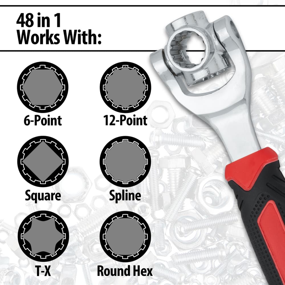 The types of bolt heads that the wrench works with image number 2