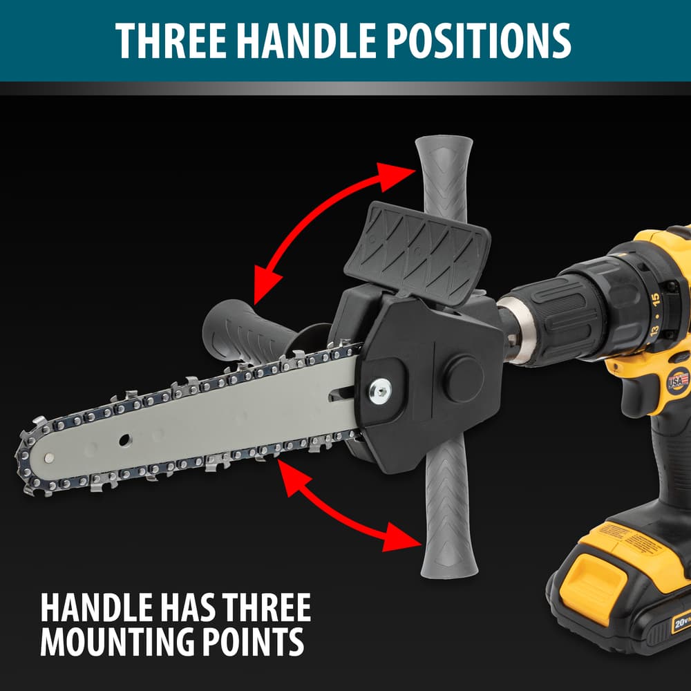 Full image showing the three different handle and mounting positions on the Chainsaw Adapter. image number 2