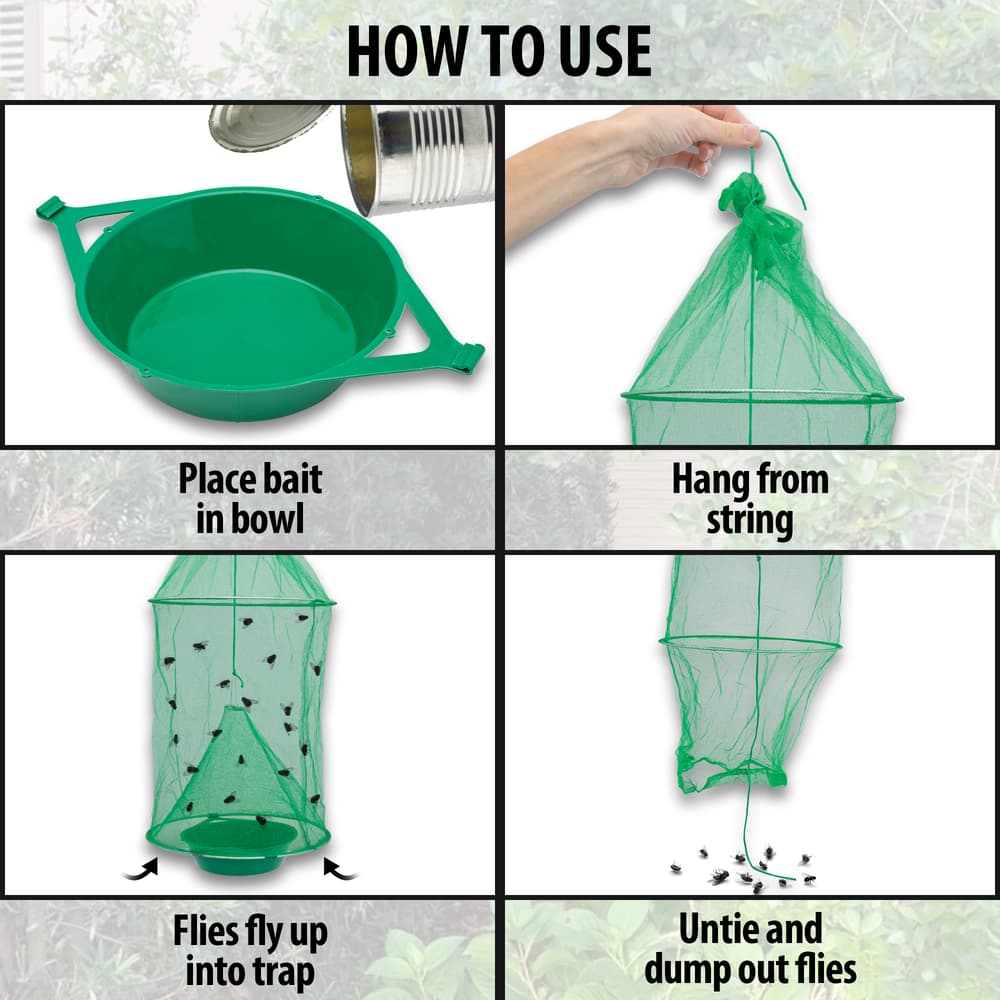 “How To Use” text shown above images showcases that the Fly Dungeon is collapsible, hangs by hook, and has a bail bowl. image number 2