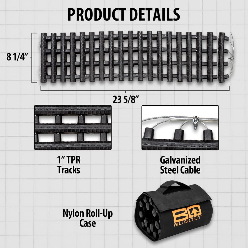 The BugOut Roll-Up Traction Tracks Product Details are shown, showing the tracks are 32” long and 8 1/2" wide with 1” thick track links and galvanized steel cable. image number 2