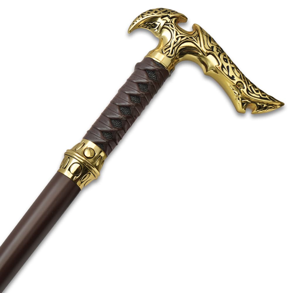 Close up image of the handle on the Gold Forged Sword Cane. image number 2