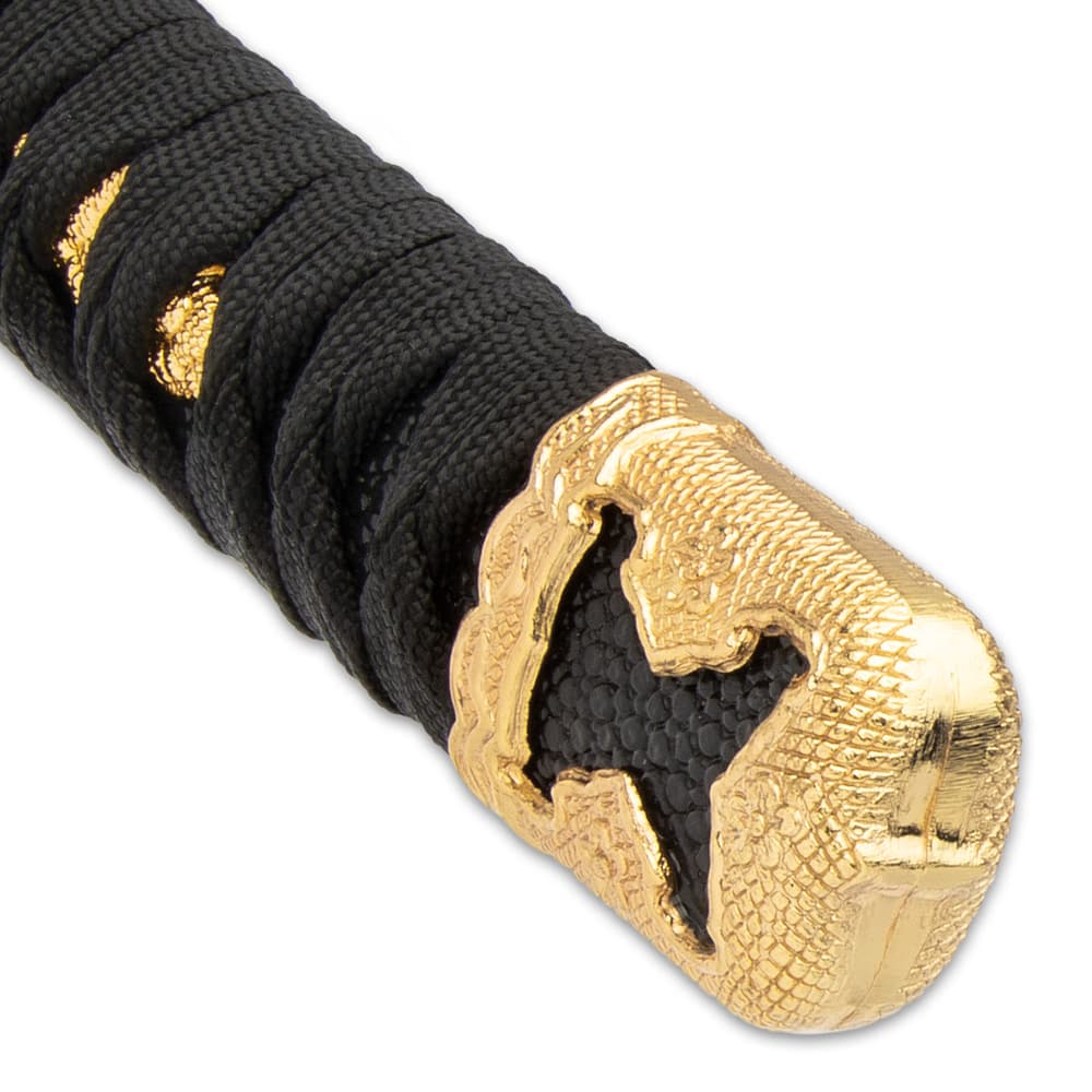 Both the pommel and mouth of the scabbard are crafted of metal alloy with a genuine gold look to complement the circular tsuba image number 2