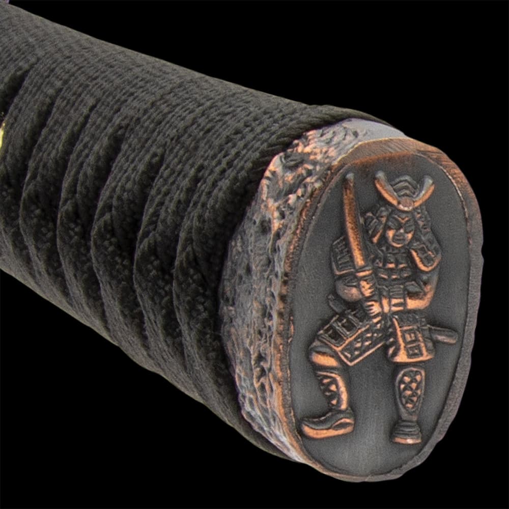 The cast metal, alloy pommel has an intricate embossed Samurai warrior design and the habaki is solid, polished brass image number 2