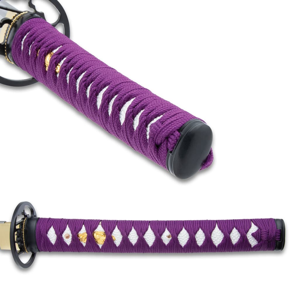 Two views of the purple, cord-wrapped handle image number 2