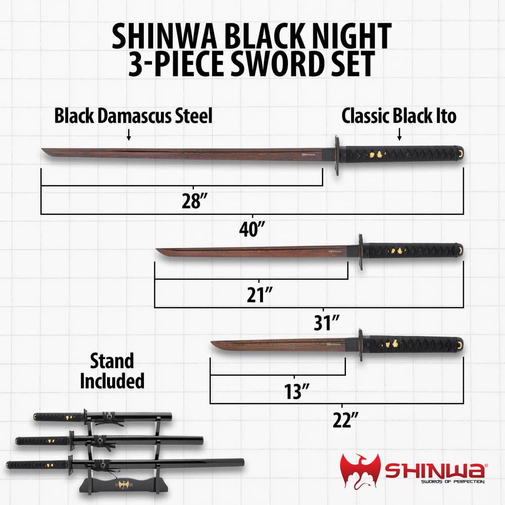 Shinwa black 3 piece japanese sword set displayed on a black lacquered wooden stand image number 2
