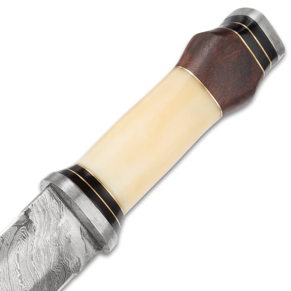 Timber Wolf Saga Handmade Double Edged Sword - Hand Forged Damascus Steel - Walnut, Camel Bone - Gladius Style Profile - Genuine Leather Belt Scabbard - 30" image number 2