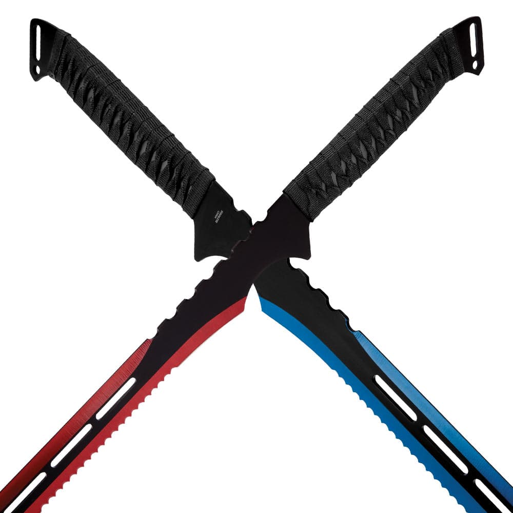 Colbat blue and crimson red twin sword set with razor sharp stainless steel blades with black rope wrapped handles overlapping image number 2