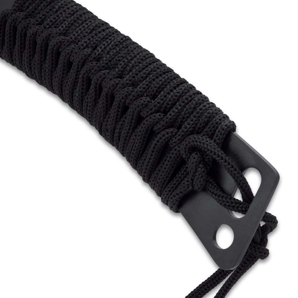 The handle is Samurai-wrapped in black cord with a lanyard left hanging from the lanyard slot at the end of the handle image number 2
