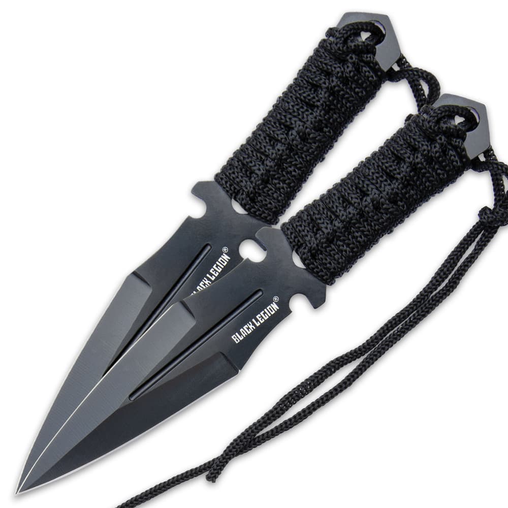 Both the long sword and two throwing knives are solid, 3Cr13 stainless steel with a non-reflective, black finish image number 2