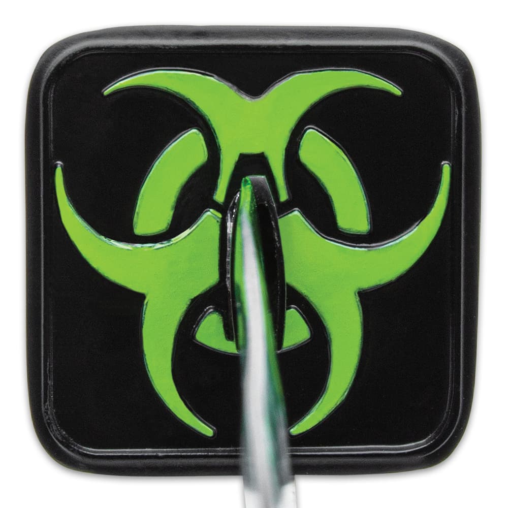 The wooden handle is traditionally wrapped in neon cord and the square tsuba is black with a green biohazard logo image number 2