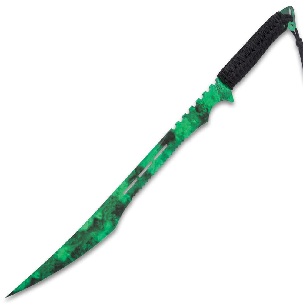 The fantasy sword is a solid, one-piece stainless steel construction with a green and black fade wrap-around graphic image number 2