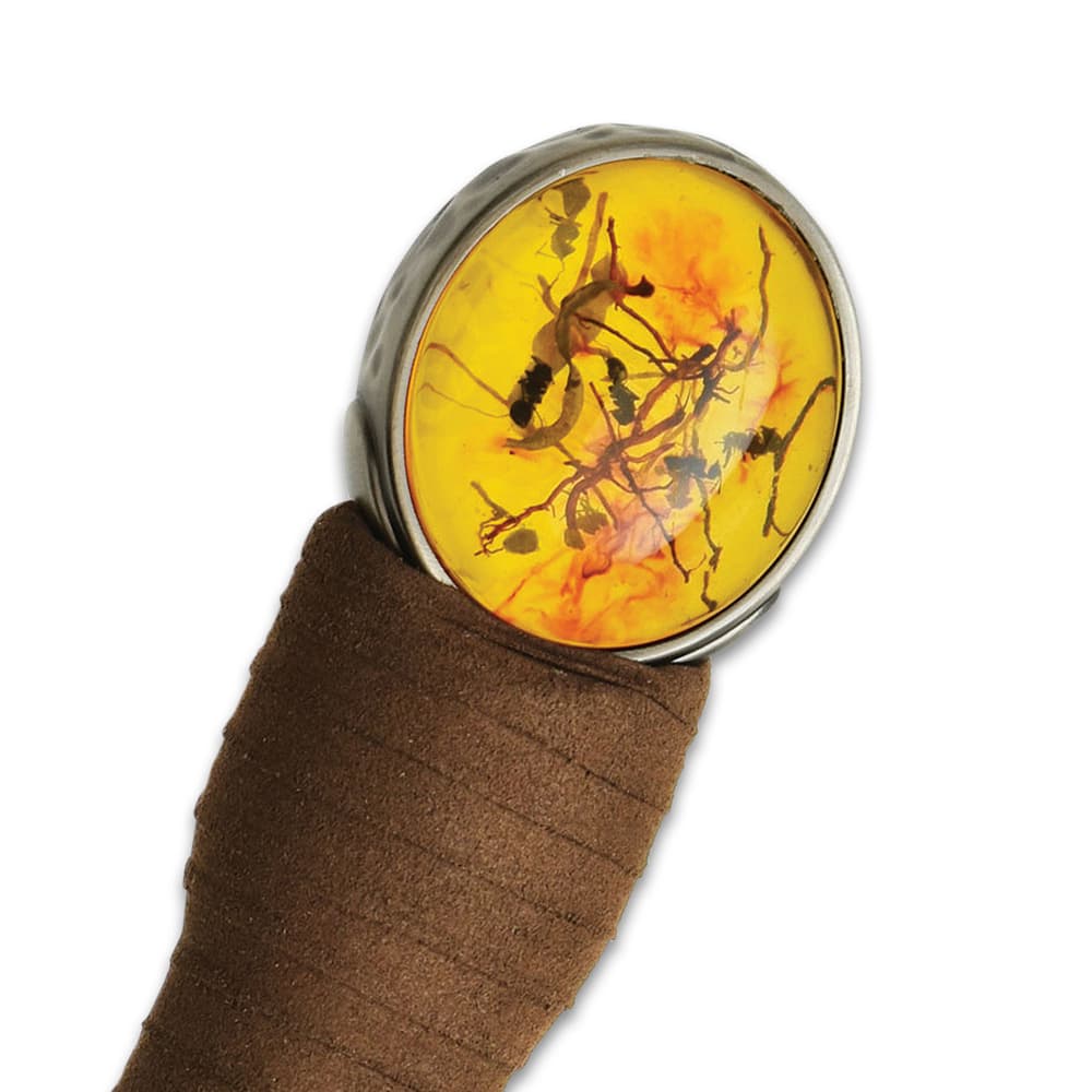 The sword has a 28” stainless steel blade and a leather-wrapped, cast metal hilt with the unique, faux amber pommel image number 2